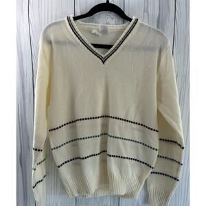 Vintage Kennington California Mens Collared V-neck Sweater Medium Stripe Ivory